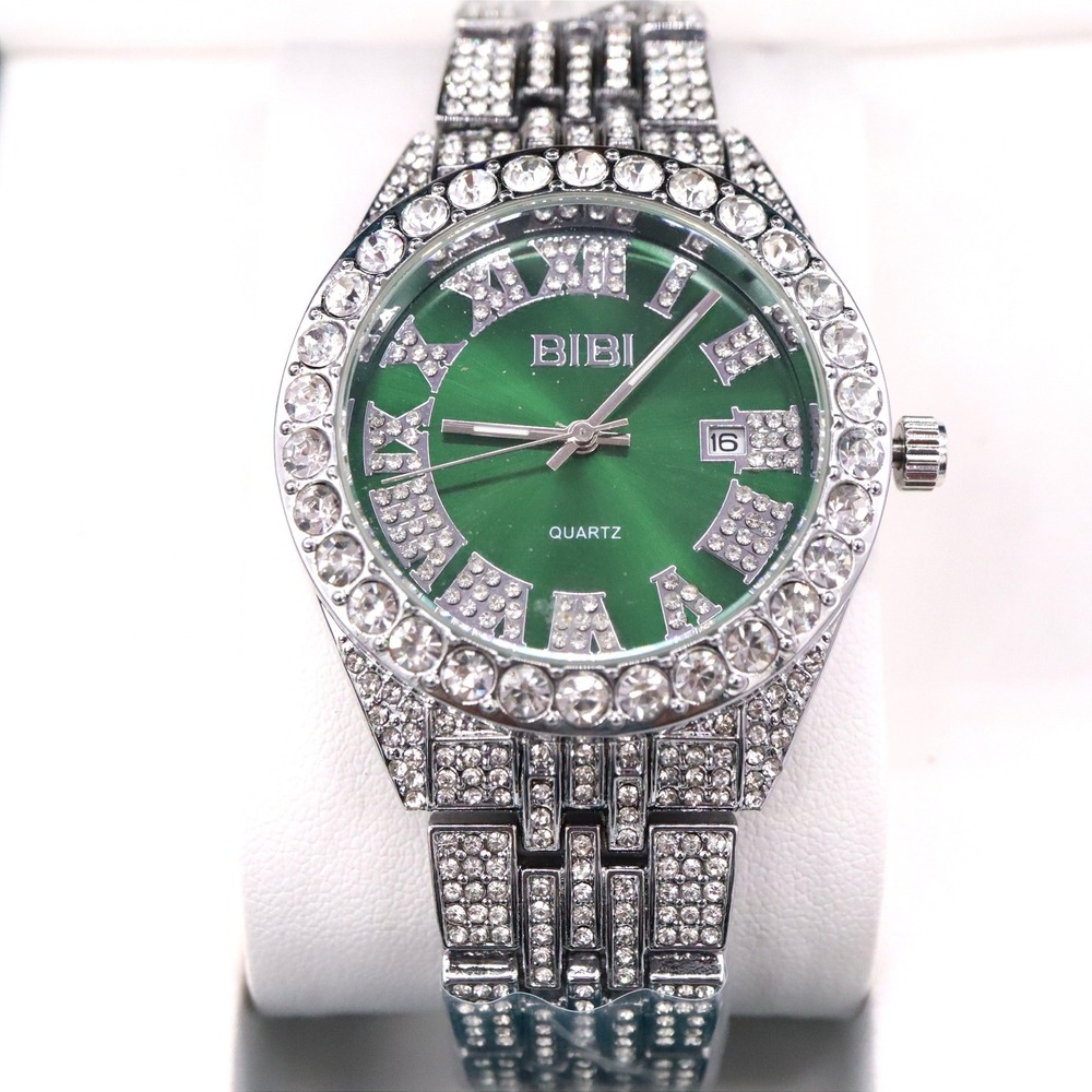 Bibii Luxury Watch Iced Out Watch Crystal Roman Numerals Silver Green Face T1131